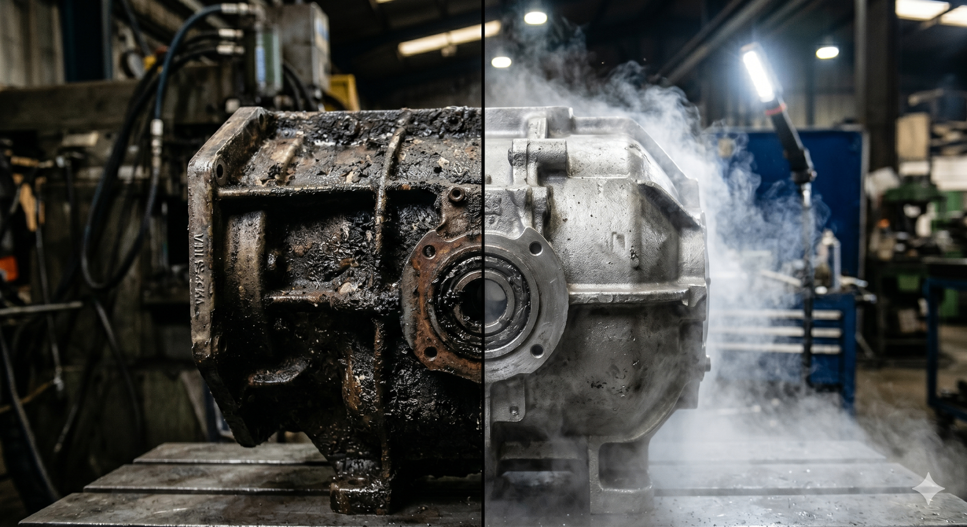 Before and after dry ice blasting — heavily soiled industrial gearbox cleaned to bare metal