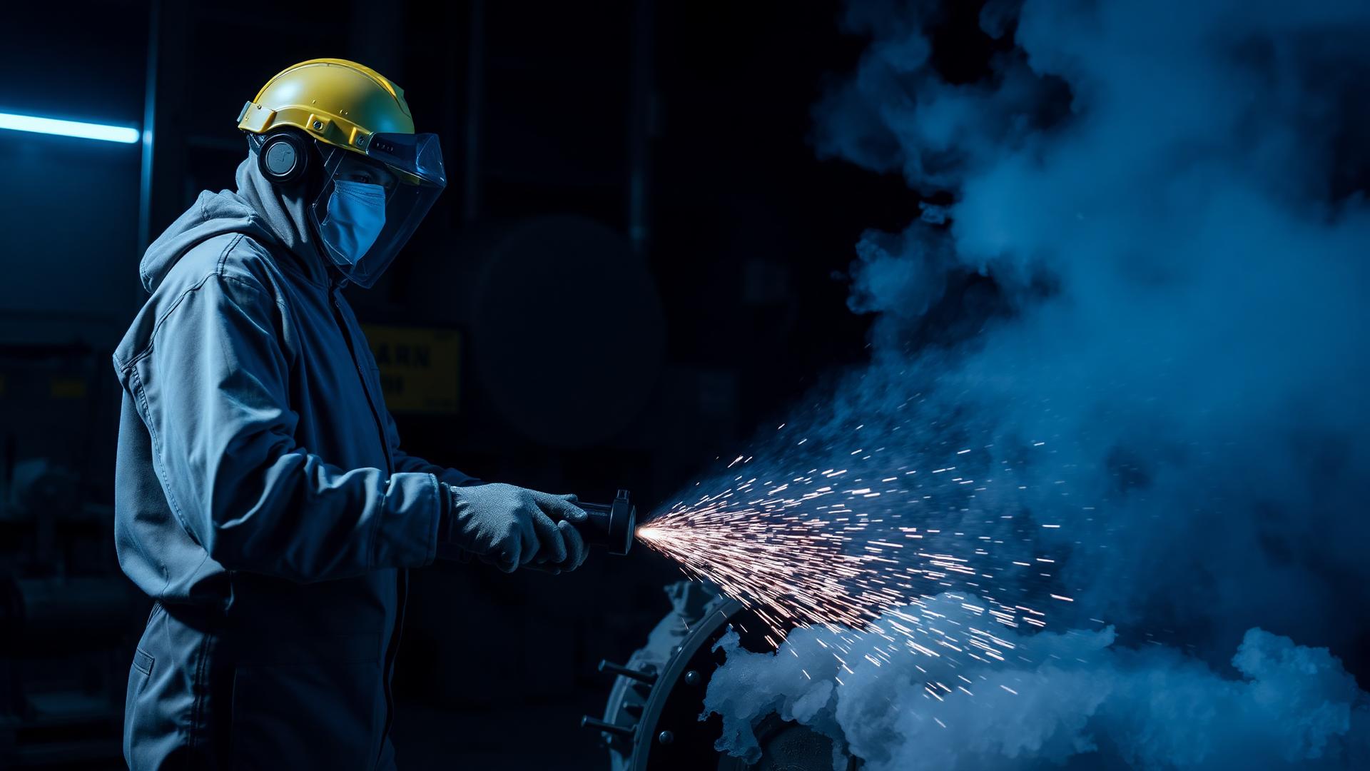 Los Angeles dry ice blasting technician cleaning industrial equipment in PPE